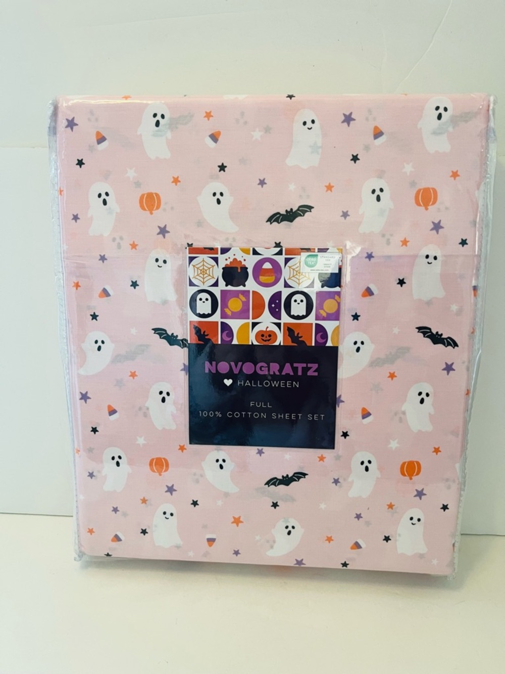 Novogratz Full Size Halloween 100% Cotton Pink Sheet Set Ghost Pumpkin Bat Candy